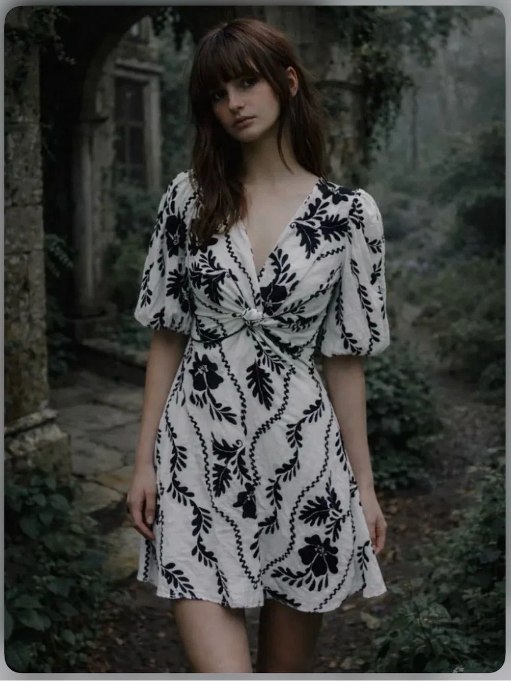 White Closet Elements White Black Floral V Neck Puff Sleeve ALine Mini Dress NEW